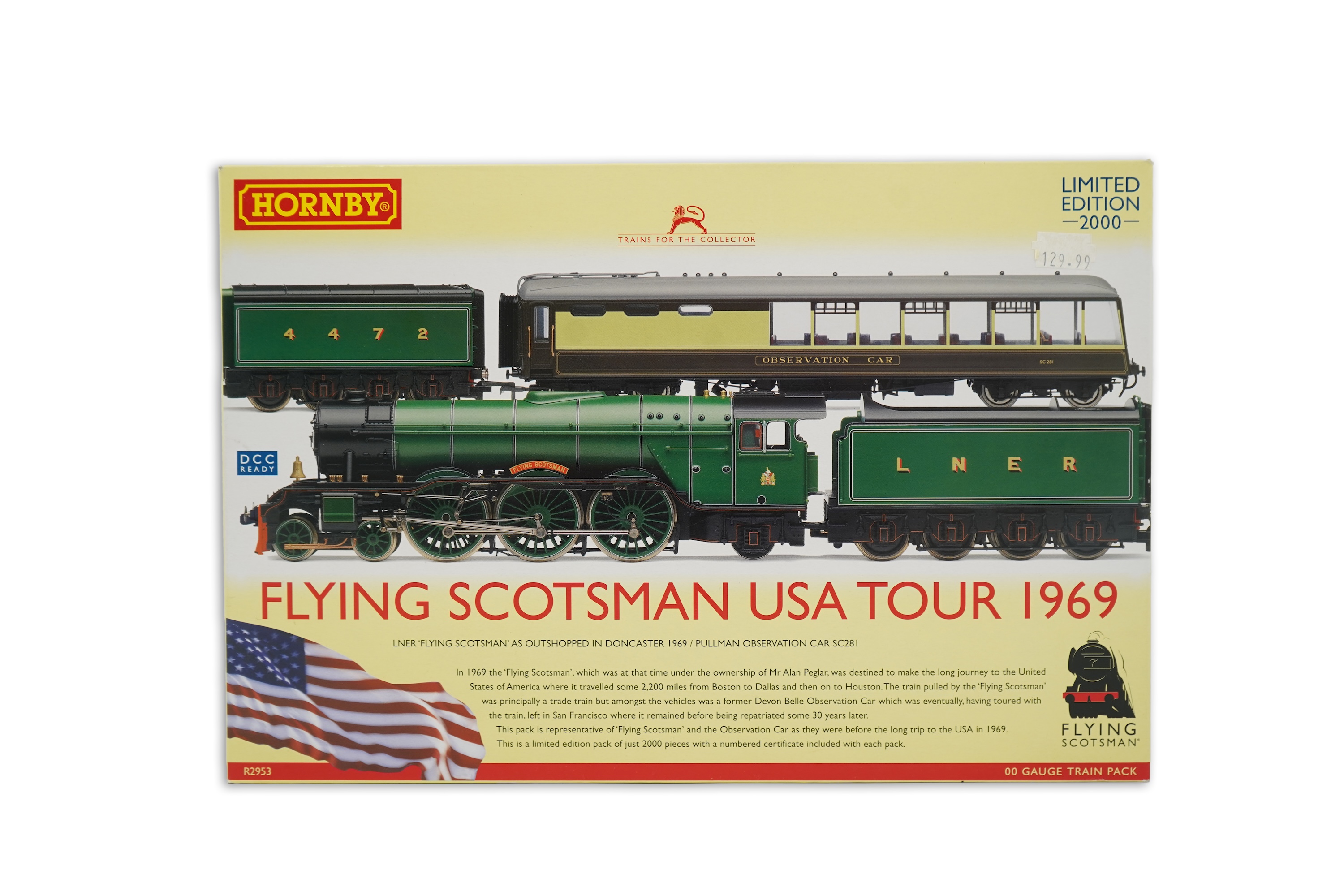 A Hornby Hobbies Flying Scotsman USA tour 1969 train pack (R2953), comprising LNER plus A3 locomotive with two tenders and an observation car